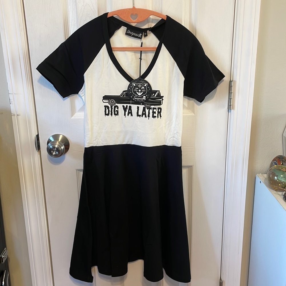Sourpuss Black & White Retro 'Dig Ya Later' Fit-and-Flare Mini Dress